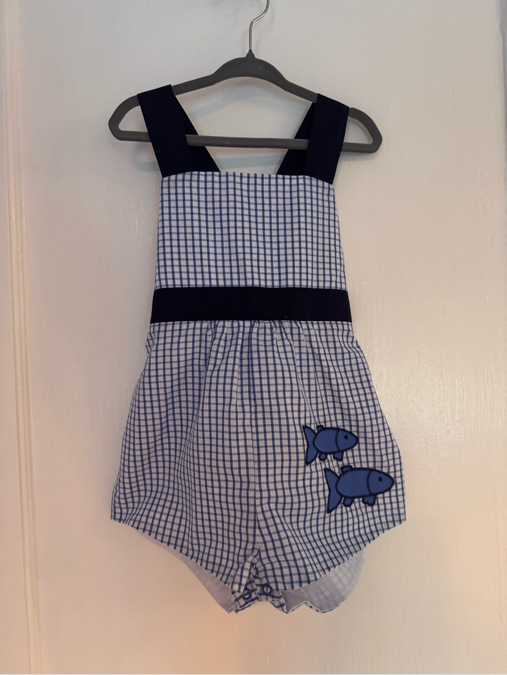 TBBC Blue Gingham Kids Romper with Fish Appliqué. Size 3T
